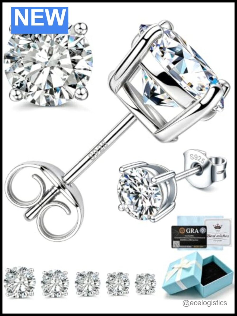 925 Sterling Silver Moissanite Stud Earrings 4-Prong Round Cut VVS1 Gift